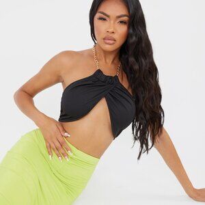 PrettyLittleThing Black Woven Matte Halterneck Chain Detail Underbust Bralet - 6